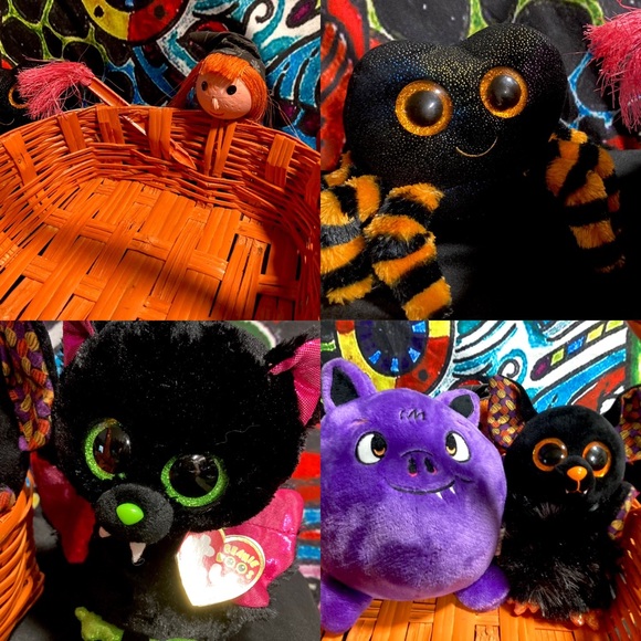 Halloween Plush Bat Spider Assortment in Vintage Orange Witch Basket - Picture 9 of 11